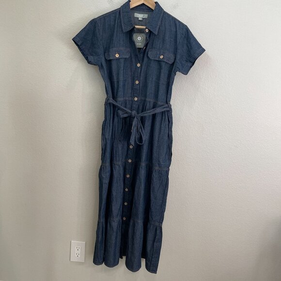 NEW J Gee Womens Small Denim Button Up Tiered Midi Dress Pockets & Belted Waist - Picture 9 of 12